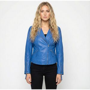 Twiggy London Genuine Leather Biker Jacket S Electric Blue Cobalt Moto Rocker